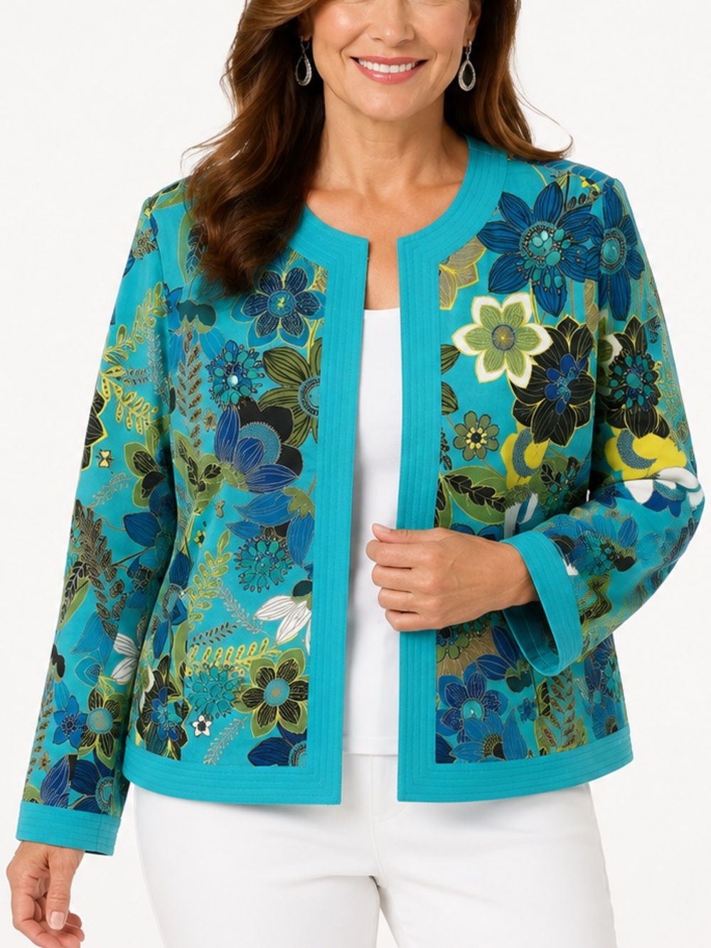 Chico’s Floral Embellished Jacket Size 1 Blue Turquoise Cotton Open Front Beaded